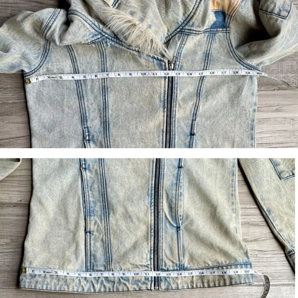 Somedays Lovin Oversized Denim Jacket W/Faux Fur Weathered Aged Acid Wash SZ S